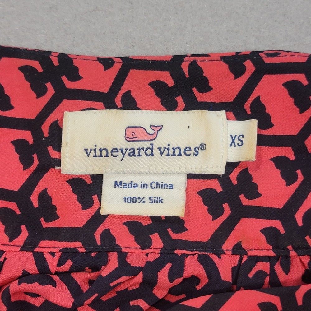 Vineyard Vines Silk Tunic Top Pink Navy Tie Neck Blouse Womens XS Preppy Coastal - Picture 3 of 7